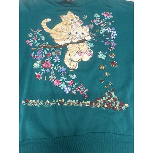 Vintage Basic Editions Teal Large Playful Kittens Floral Sweatshirt Turtleneck - Picture 7 of 12